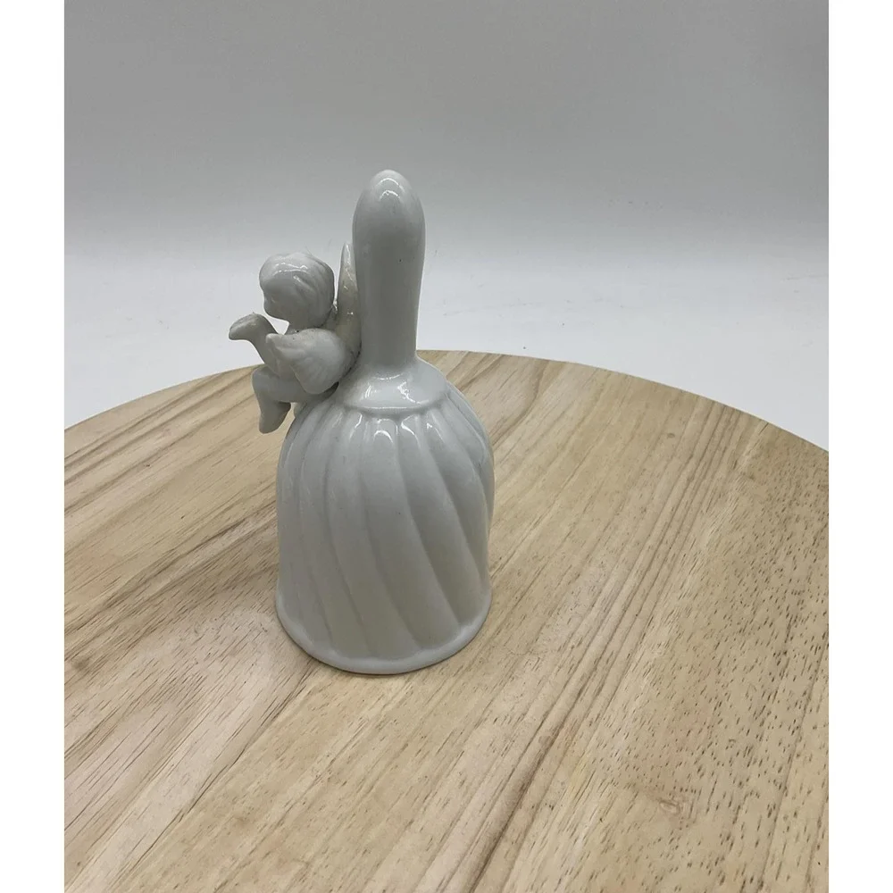 White‎ Ceramic Angel Bell Figurine Cherub Sitting On Bell Decorative Collectible